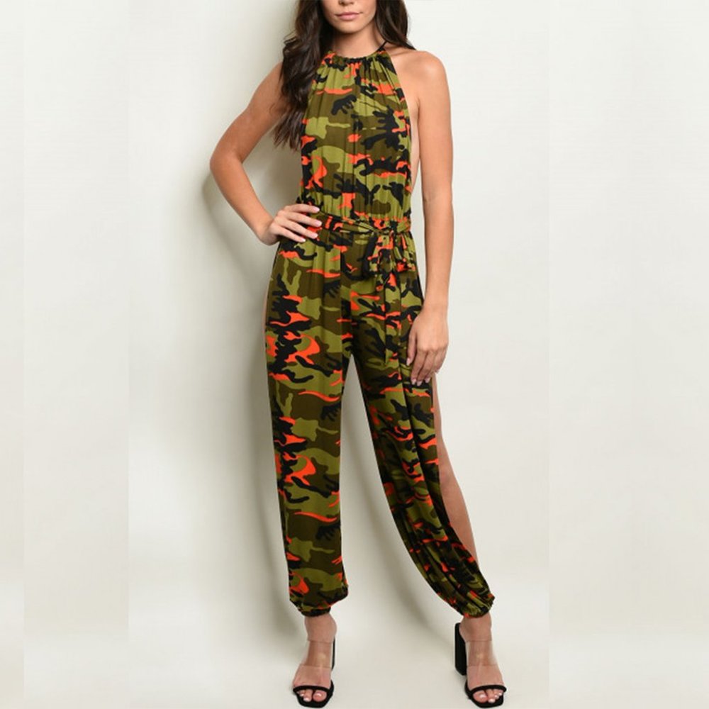 Sleeveless Camouflage and Orange Jumpsuit - Picture 2 of 4
